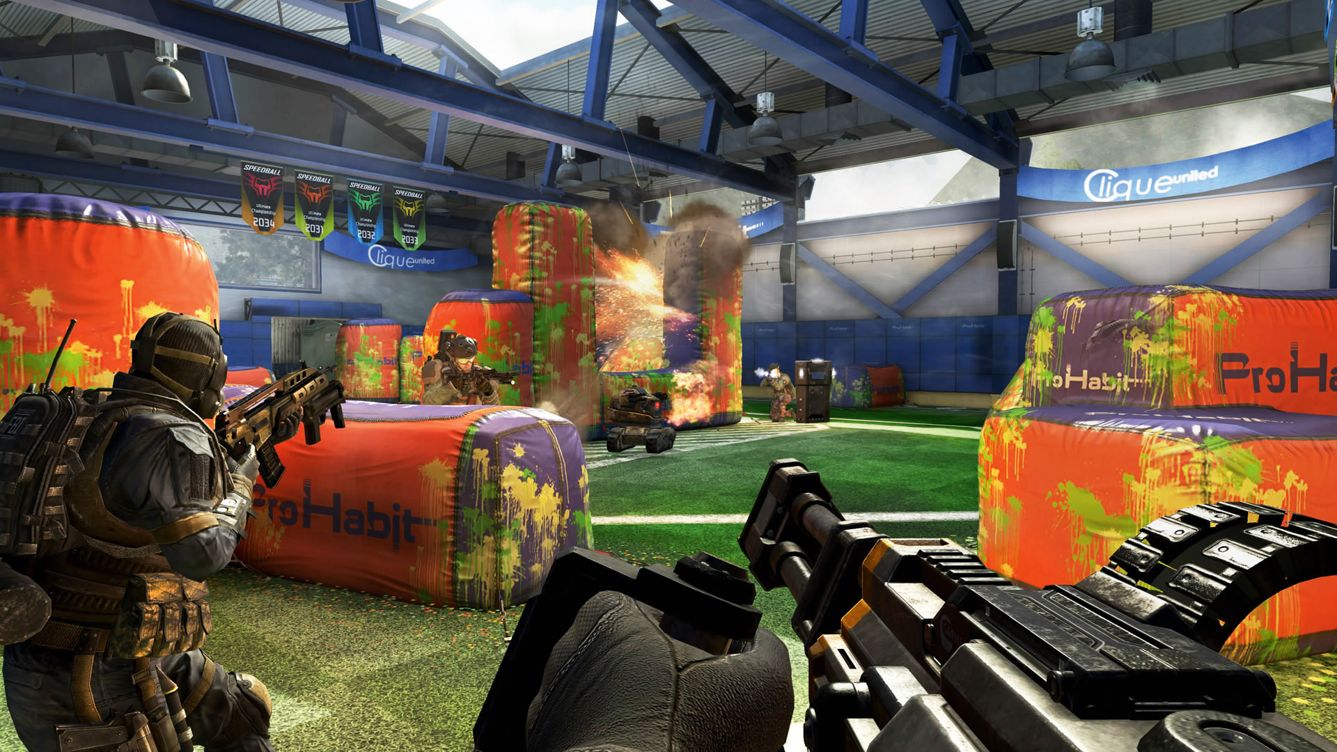 A shootout in a paintball arena in Call of Duty Black Ops 2, from Edge 353