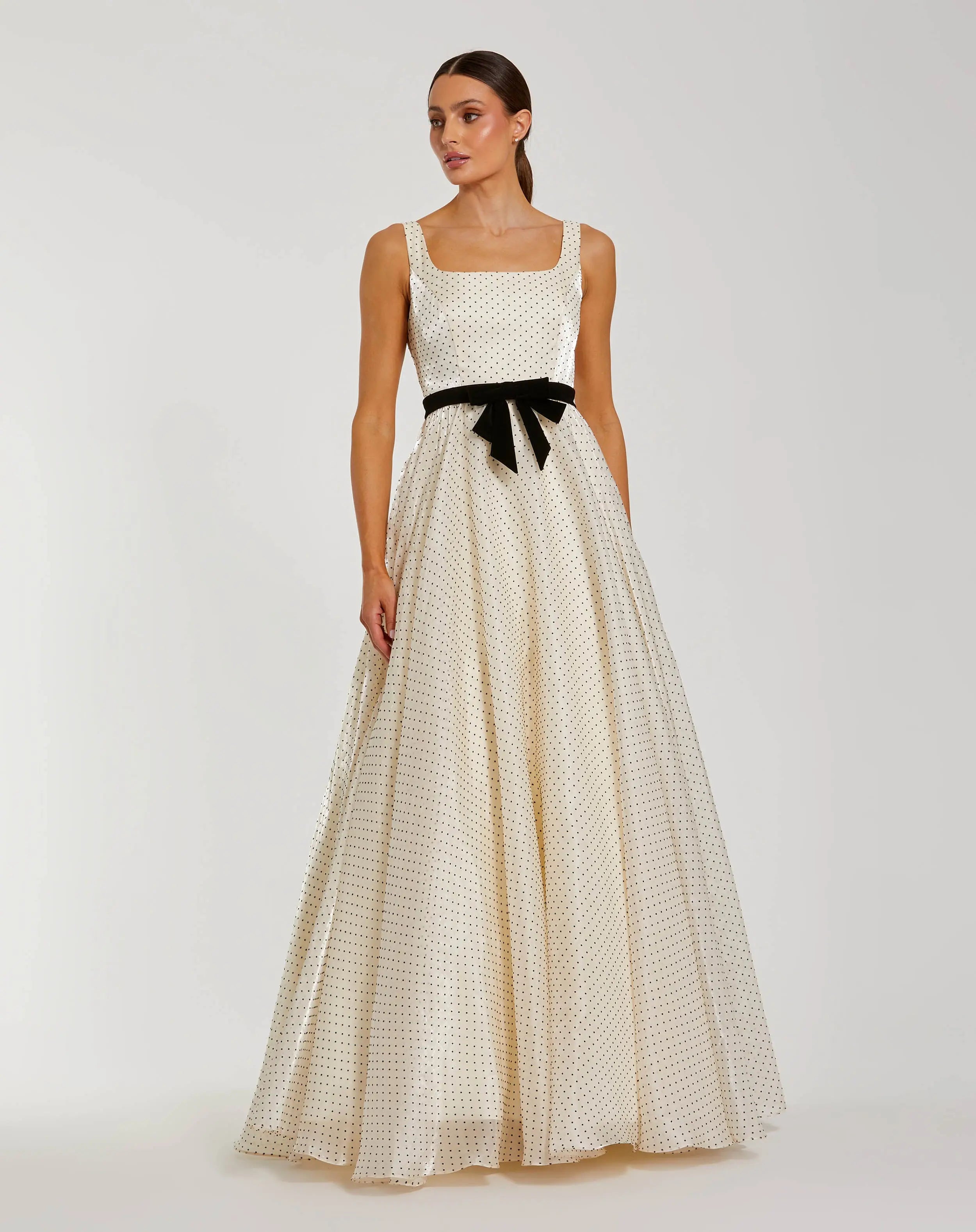 Ivory Polka Dot Square Neck Ball Gown With Bow