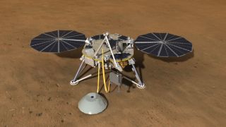 An artist's depiction of NASA's InSight lander at work on the surface of Mars.
