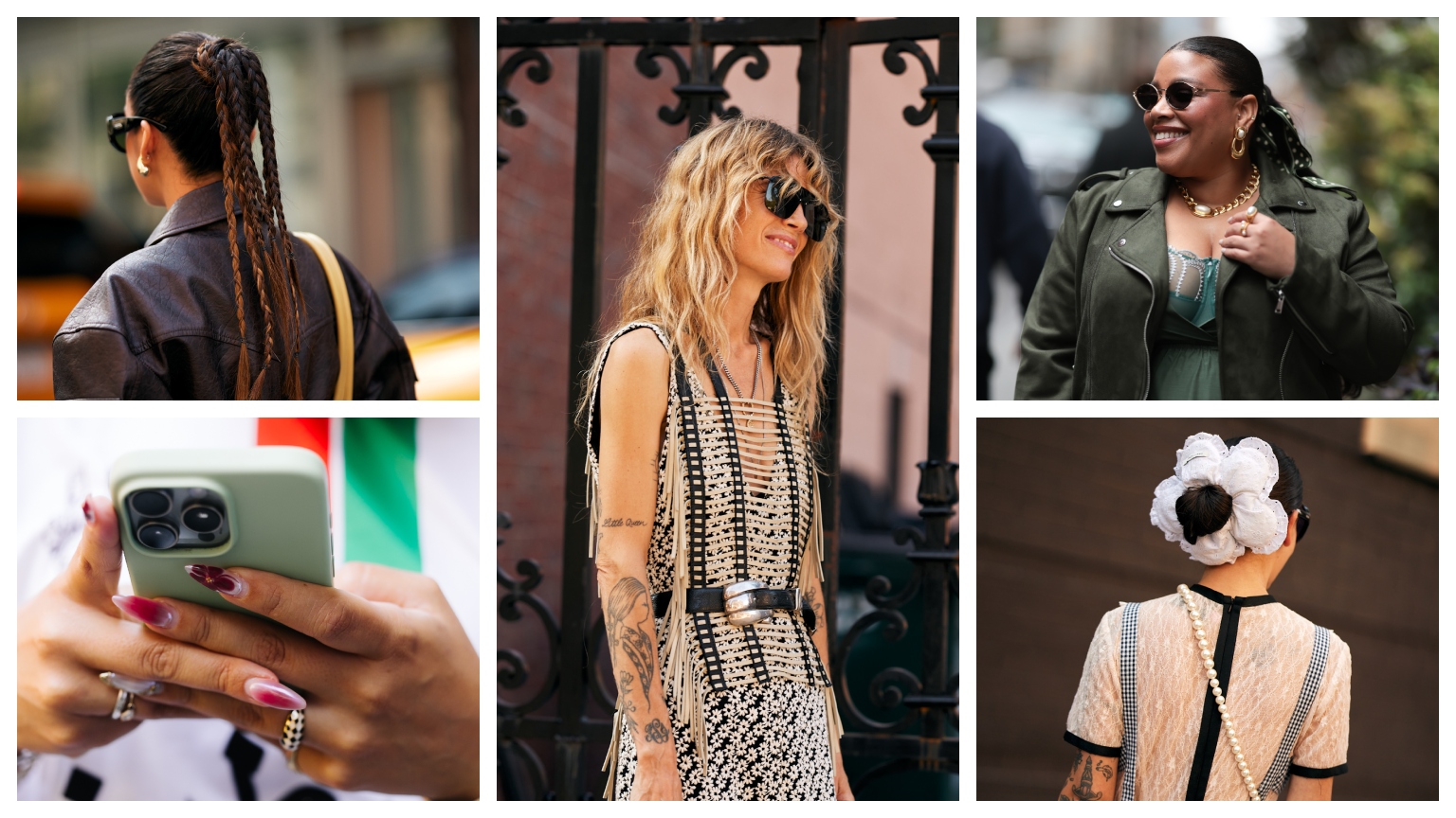 a five-part collage of women wearing jewelry and cool clothes at new york fashion week