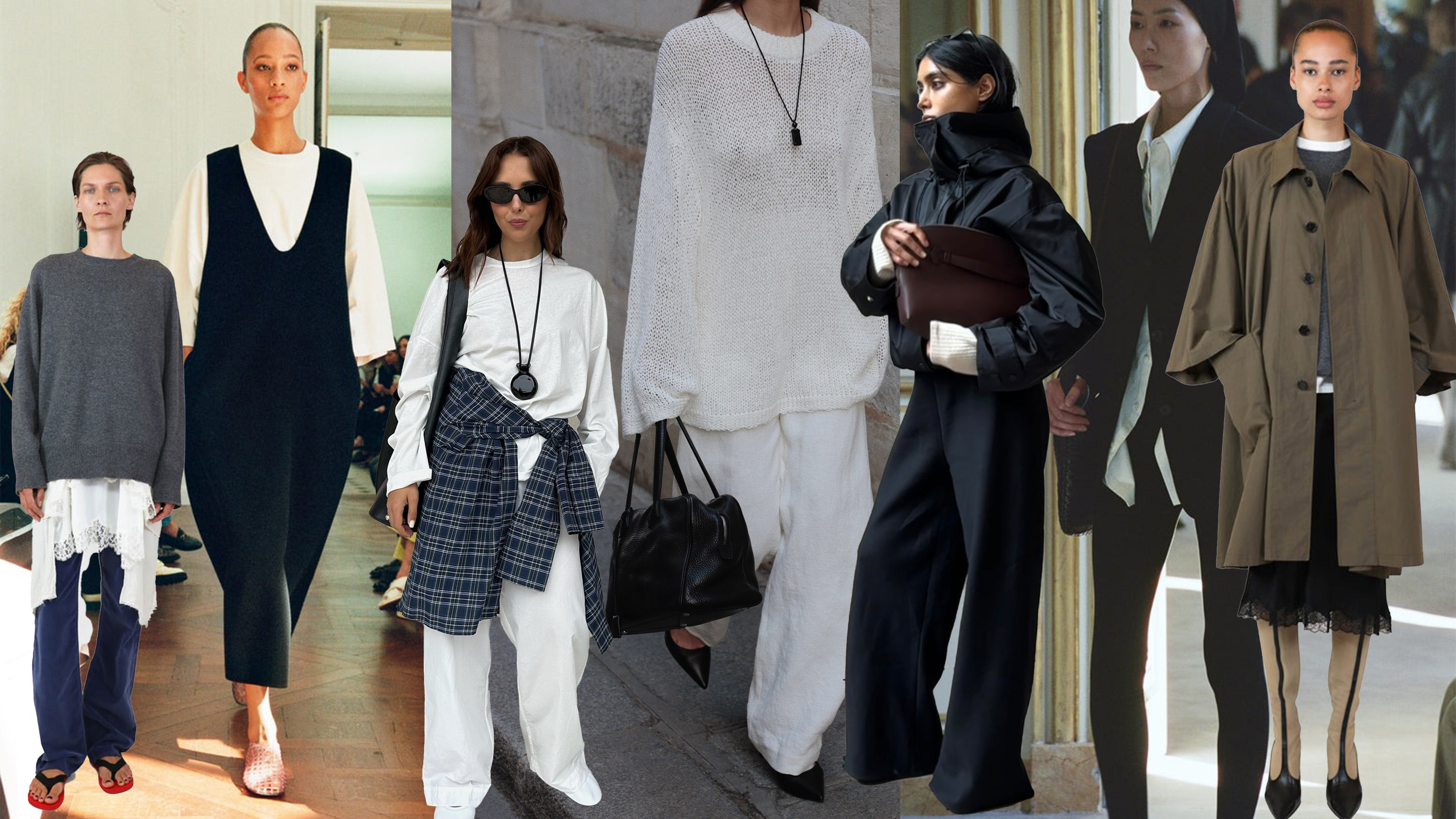 A collage showing various ways to style The Row inspired outfits with basics.