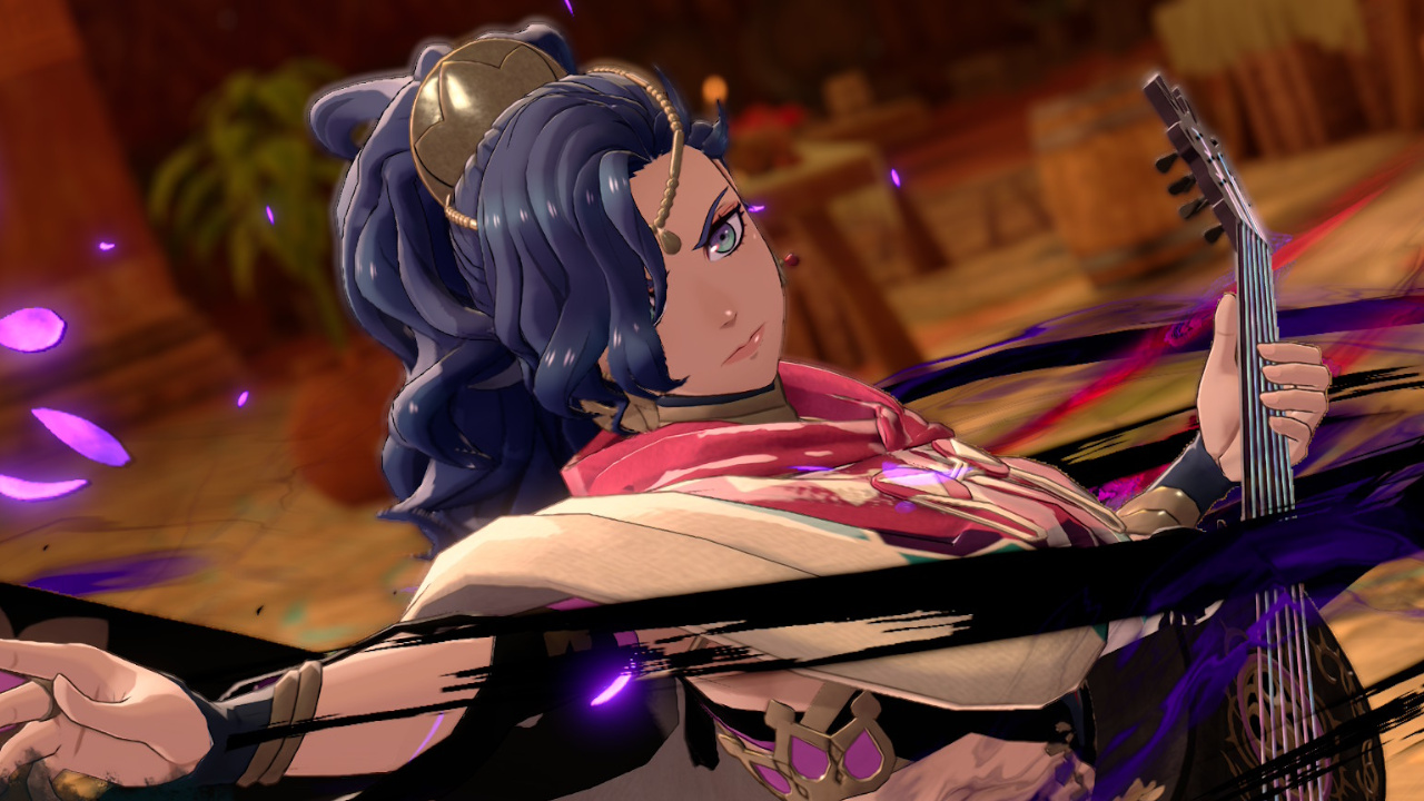 Leda strums a guitar in Fire Emblem: Fortune's Weave