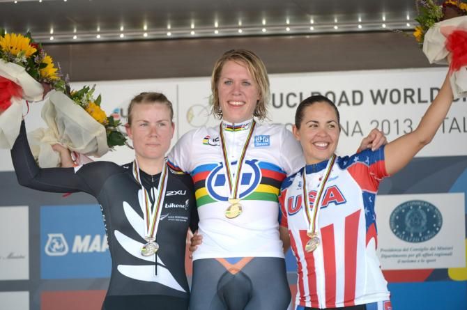 2013 women's time trial world championship podium (L-R): Linda Villumsen, Ellen Van Dijk and Carmen Small