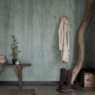 room with fade printed forest wallpaper on wall wooden bench and plant in black pot