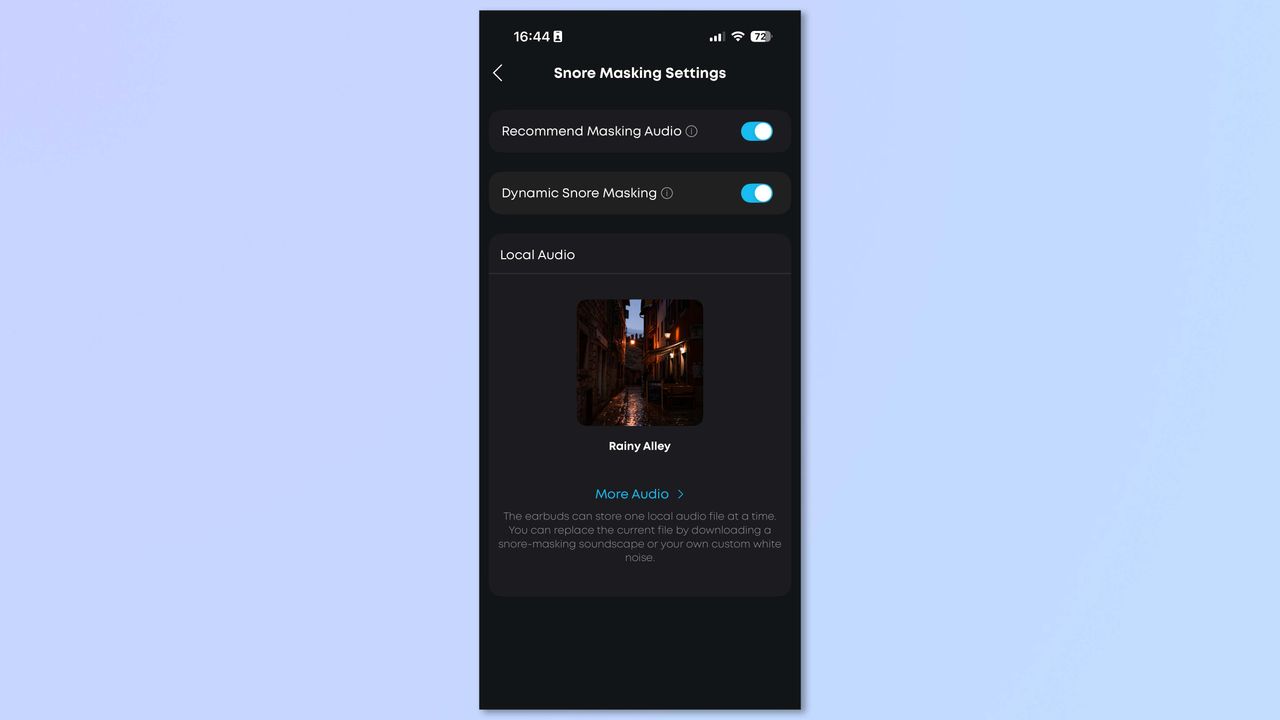 A screenshot of the Soundcore app showing sleep features on the Soundcore Sleep A30 earbuds