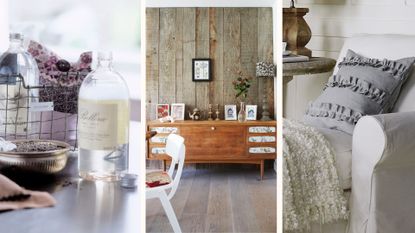 Compilation images showing three ideas for how to create a stress-free home with scents, sentimental items and tactile soft furnishings
