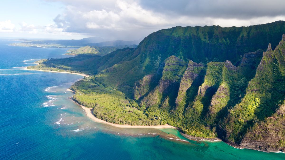 Kee Beach aerial and the Na Pali Coast, Kauai