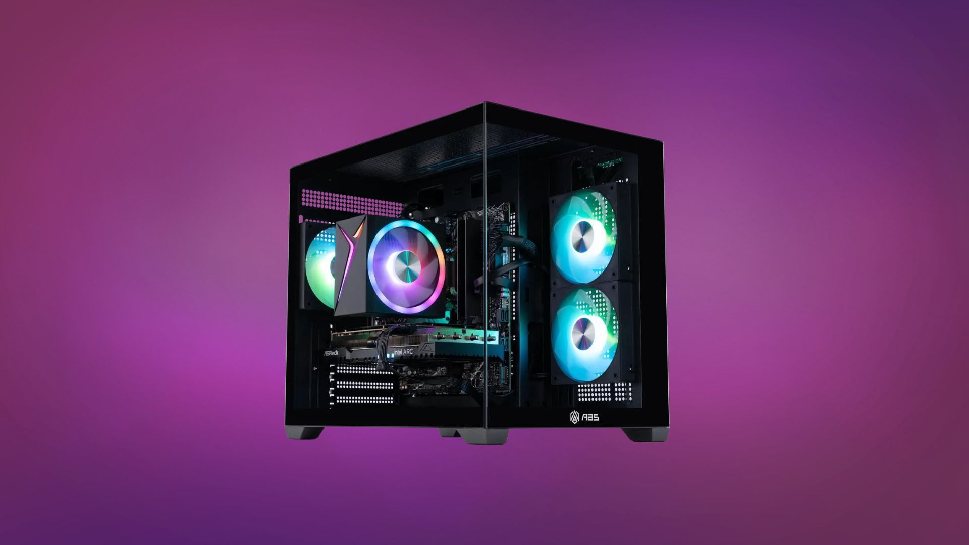 An ABS Flux Aqua gaming PC on a purple background