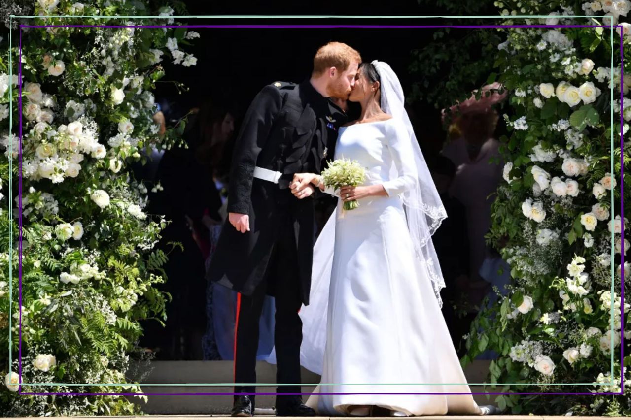 a close up of Harry and Meghan on their wedding day outside St George&#039;s Chapel in Windsor