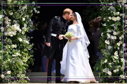 a close up of Harry and Meghan on their wedding day outside St George's Chapel in Windsor