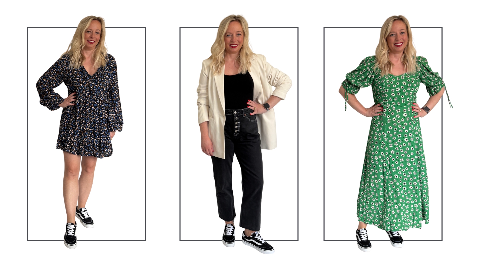 Antonia Kraskowski wearing three outfits with Vans Brooklyn trainers