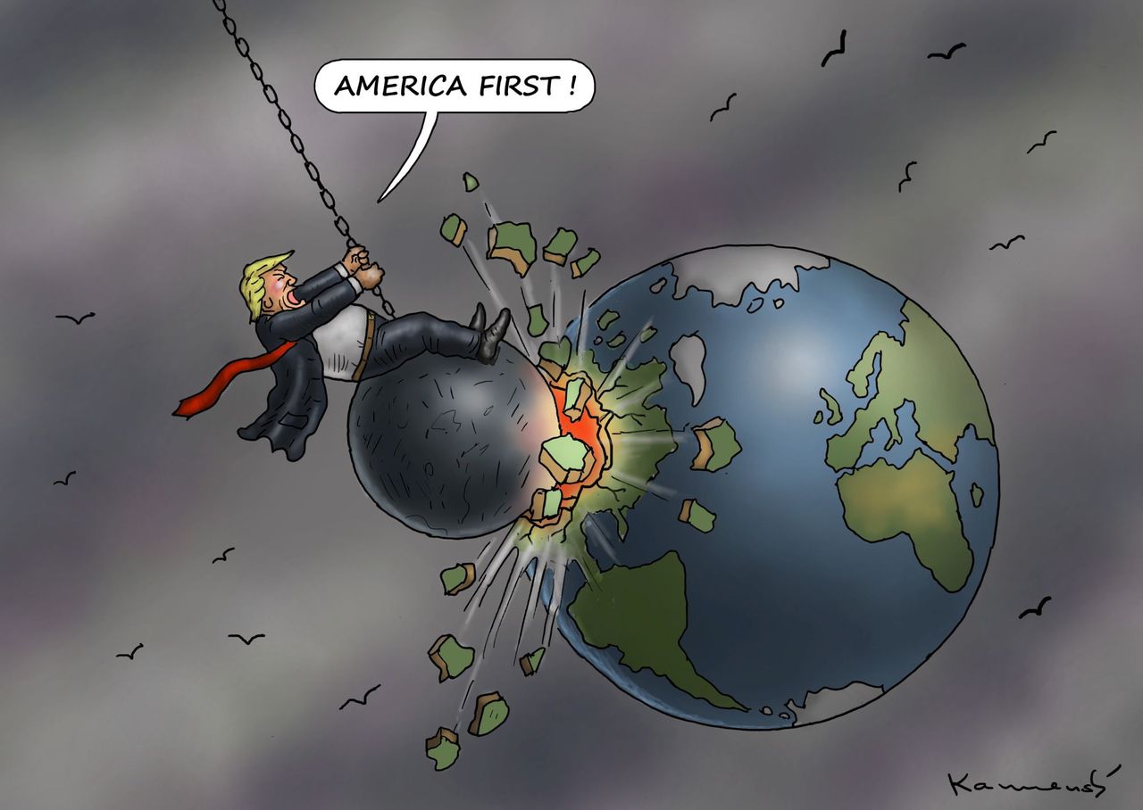 Political Cartoon U.S. America first Trump wrecking ball