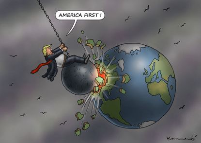 Political Cartoon U.S. America first Trump wrecking ball
