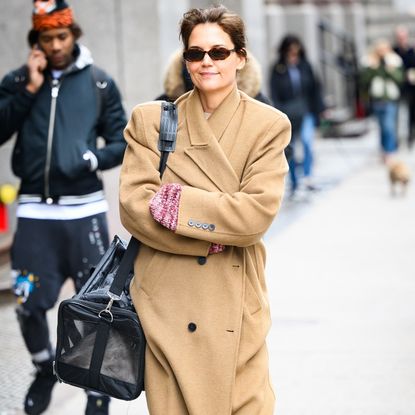 Katie Holmes wearing a camel coat in NYC
