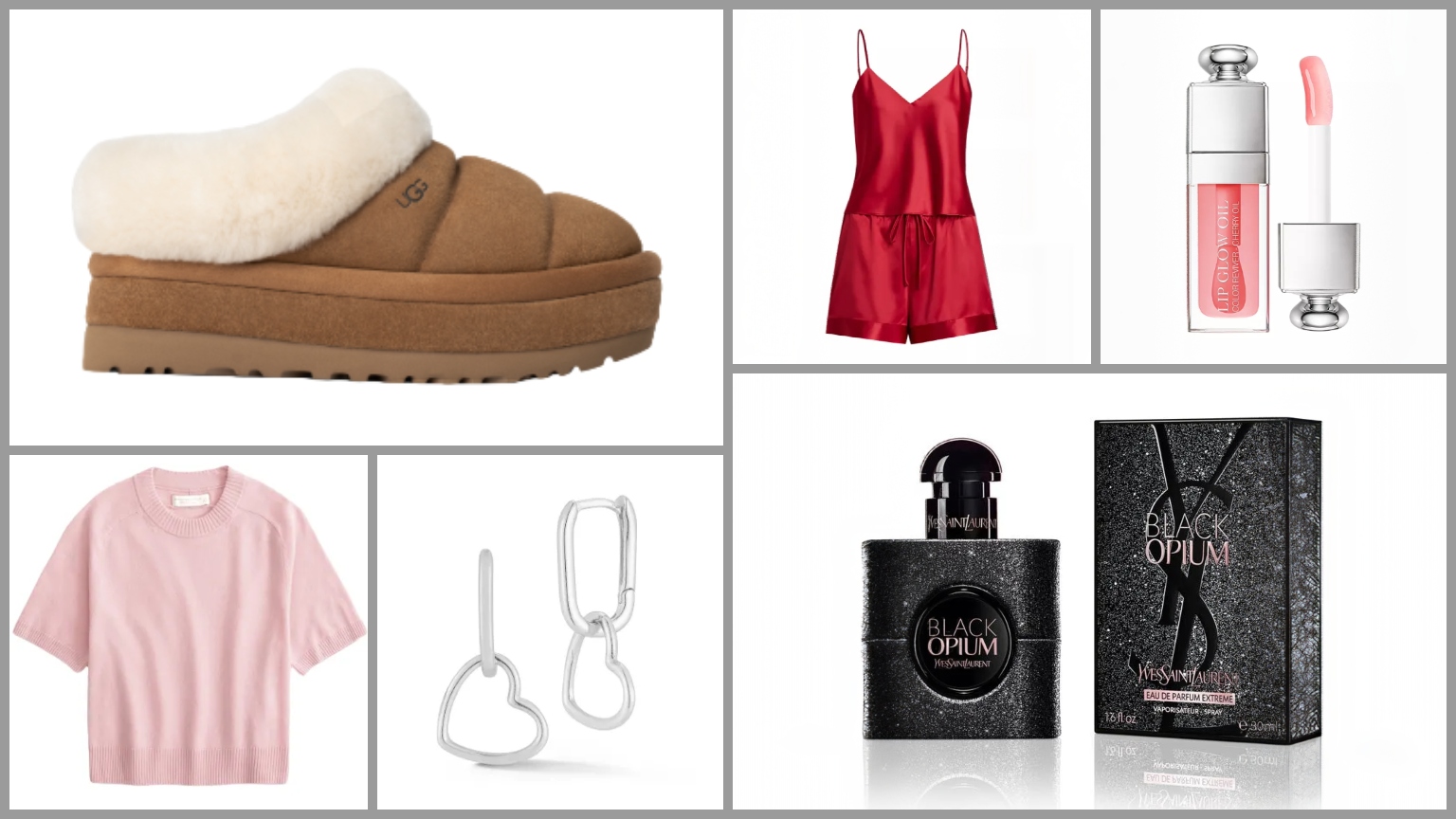 product collage of Sterlina Silver Heart Link Charm Earrings, Yves Saint Laurent Black Opium Eau De Parfum Extreme, Natori Glamour Satin Pajamas, Abercrombie & Fitch Cashmere Crew Tee, DIOR Lip Glow Oil, Ugg Women's Tazzlita Slippers on white background with grey border