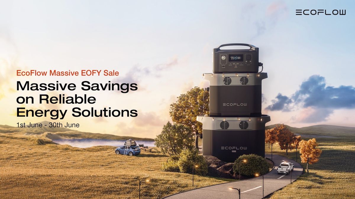 Three EcoFlow portable power stations are stacked on top of each other, on the side of the road.