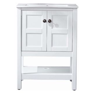 white vanity unit with ceramic basin, drawer and shelf