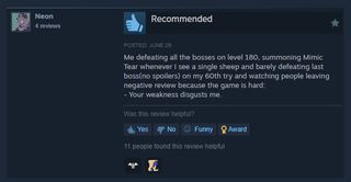 A positive Steam review for Shadow of the Erdtree, declaring that players who leave negative reviews have a "weakness" which "disgusts me."