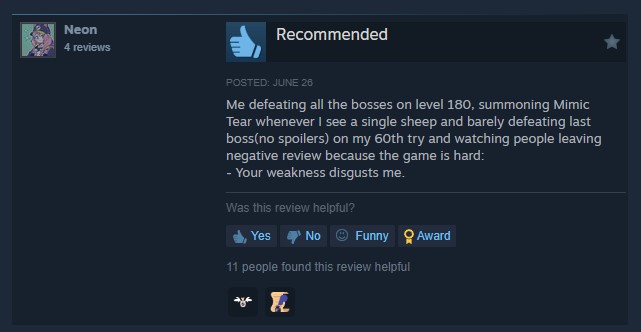 A positive Steam review for Shadow of the Erdtree, declaring that players who leave negative reviews have a 