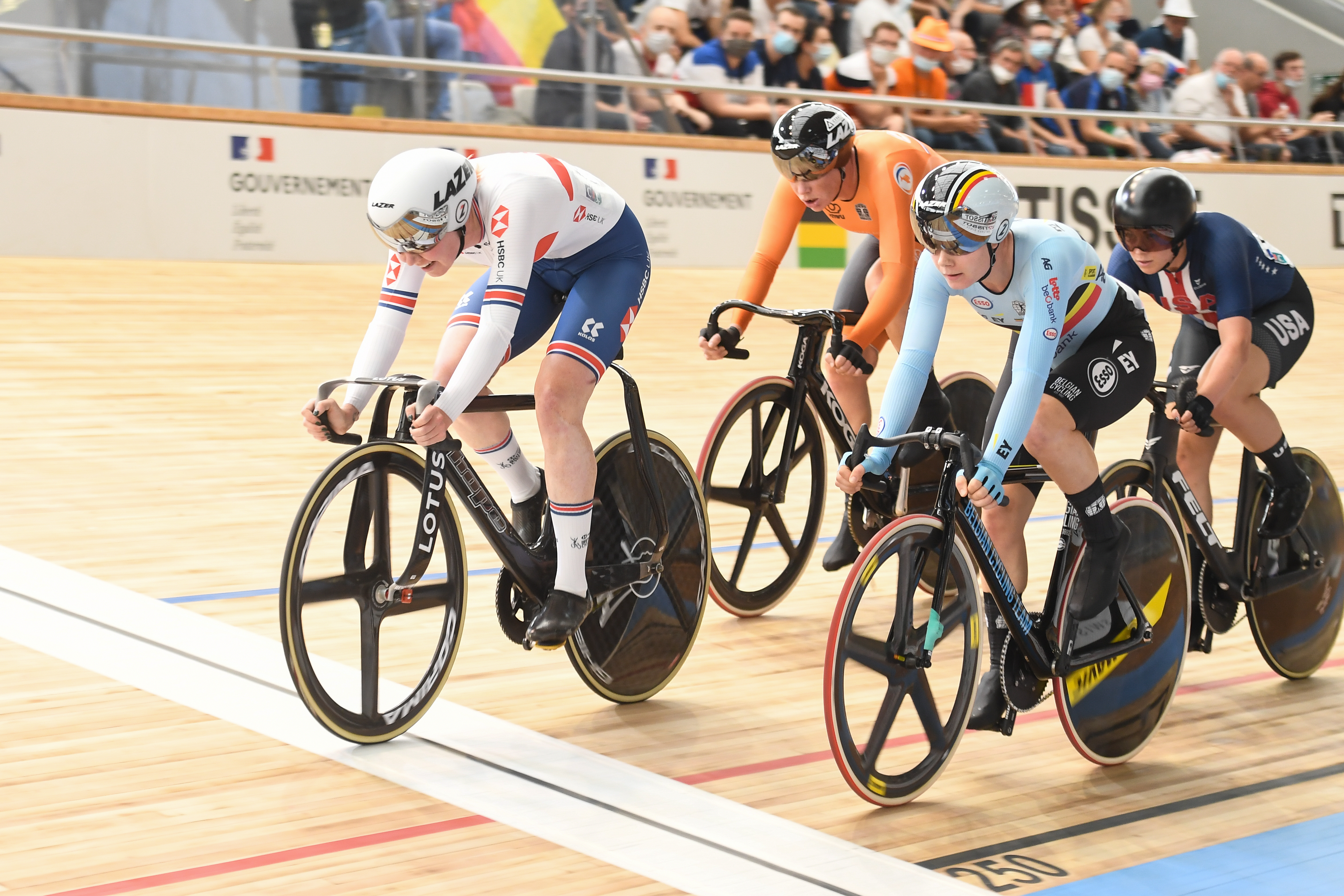 Katie Archibald competing in track cycling in 2021