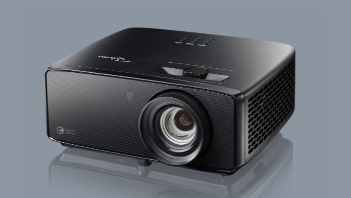 Optoma UHZ58LV projector, sporting a black box design with the lens on the far right, on a grey background.