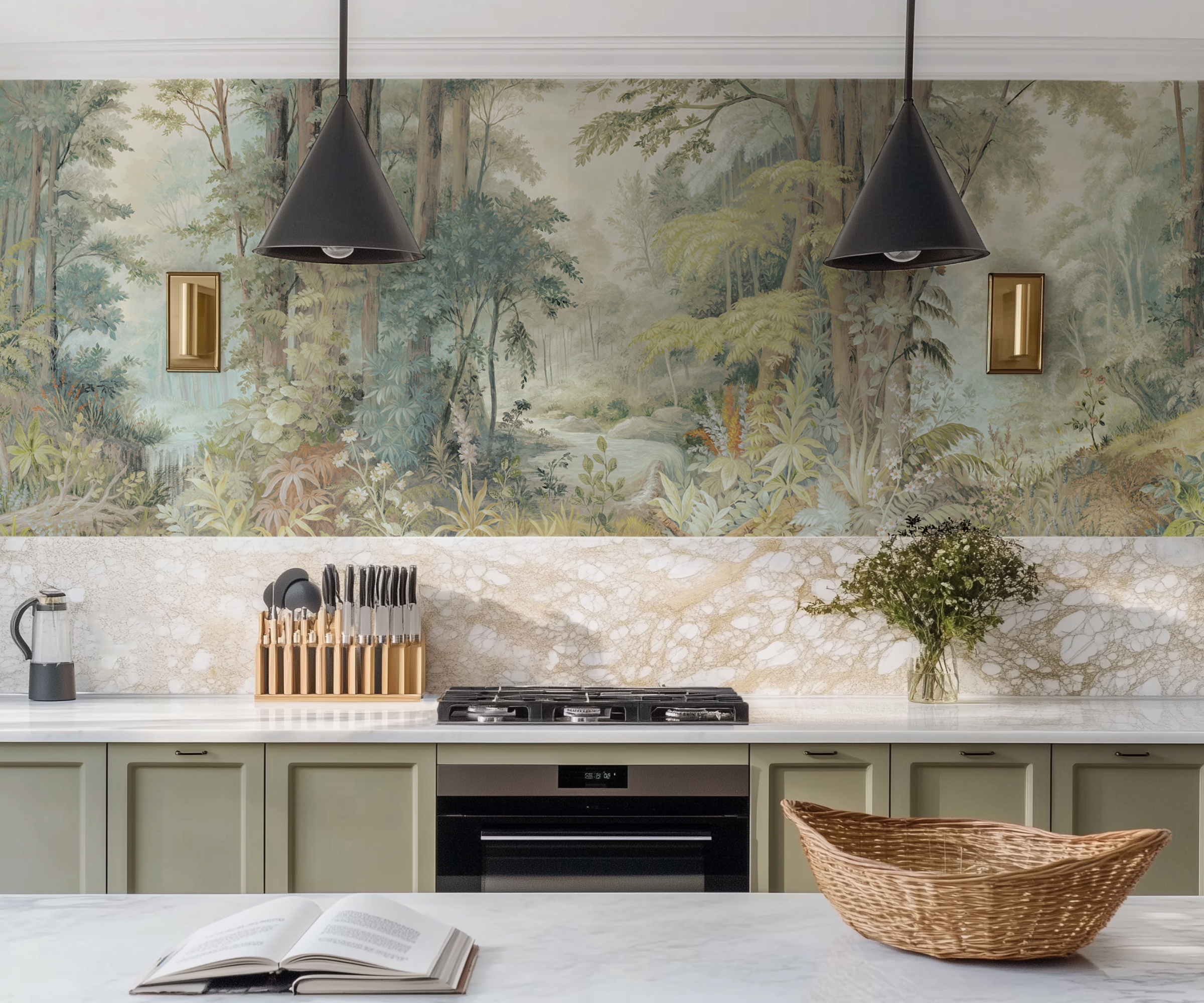 kitchen with botanical patterned green wallpaper and sage green kitchen cabinets