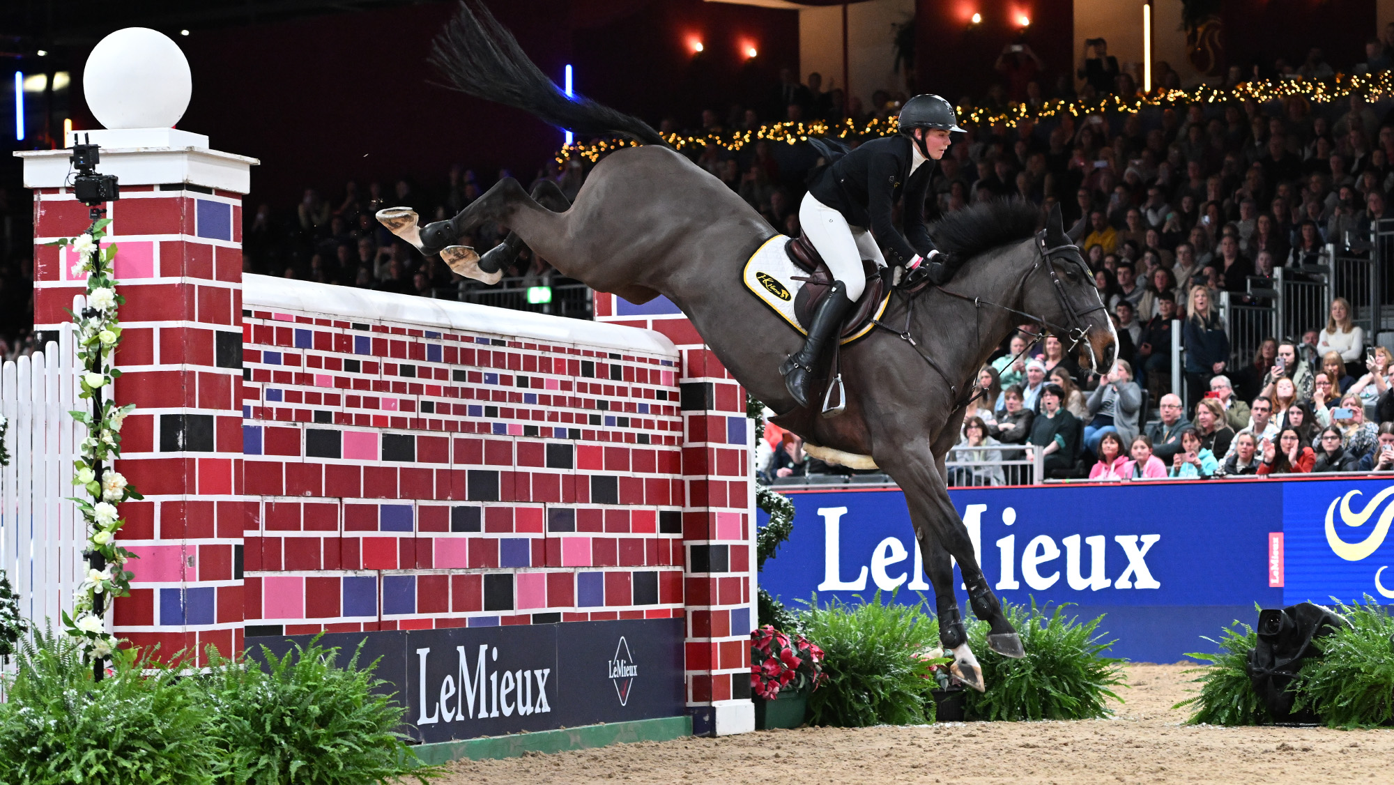 Rachel Proudley jumping the puissance wall at London International Horse Show
