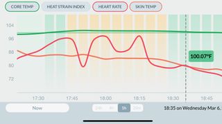 A summary of the author's core/skin temperature compared to their heart rate during an anaerobic workout and walking cooldown.