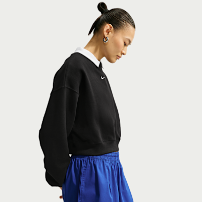 Nike Studio Fleece Medium Weight Women's Oversized Cropped Crew - Total Black/sail - Size Xxs