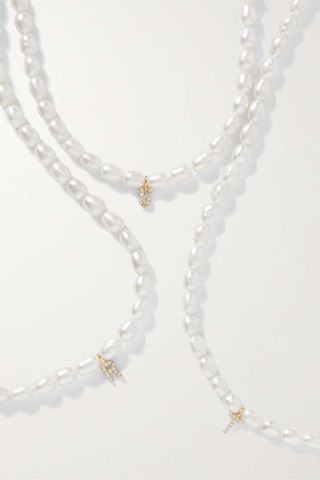 pearl necklace with gold and diamond initial charm