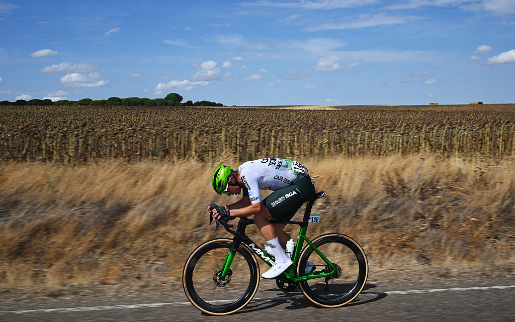 GUIJUELO, SPAIN - SEPTEMBER 12: Jakub Otruba of Czech Republic and Team Caja Rural - Seguros RGA competes in the breakaway during the La Vuelta - 80th Tour of Spain 2025, Stage 19 a 161.9km stage from Rueda to Guijuelo/ #UCIWT / on September 12, 2025 in Guijuelo, Spain. (Photo by Dario Belingheri/Getty Images)