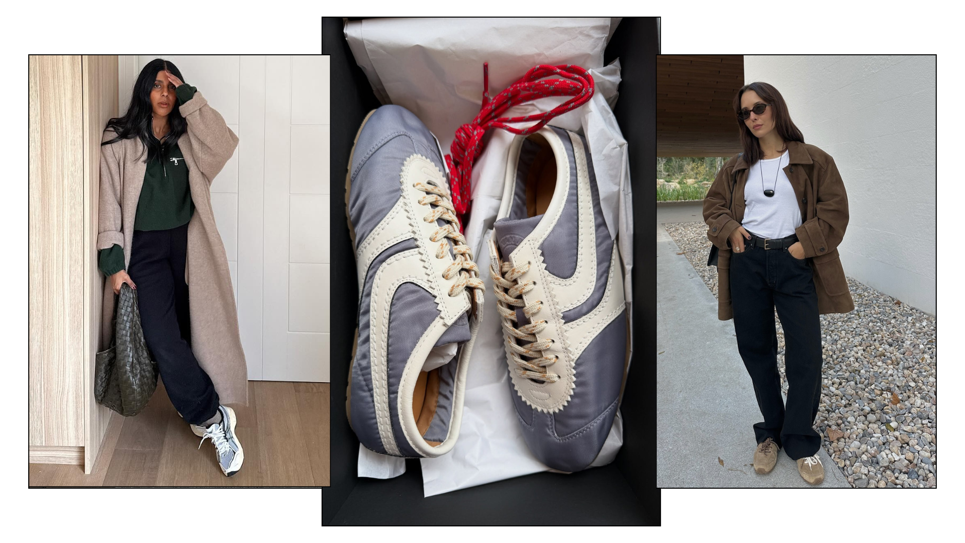 Three fashion people wear colourful trainer outfits.