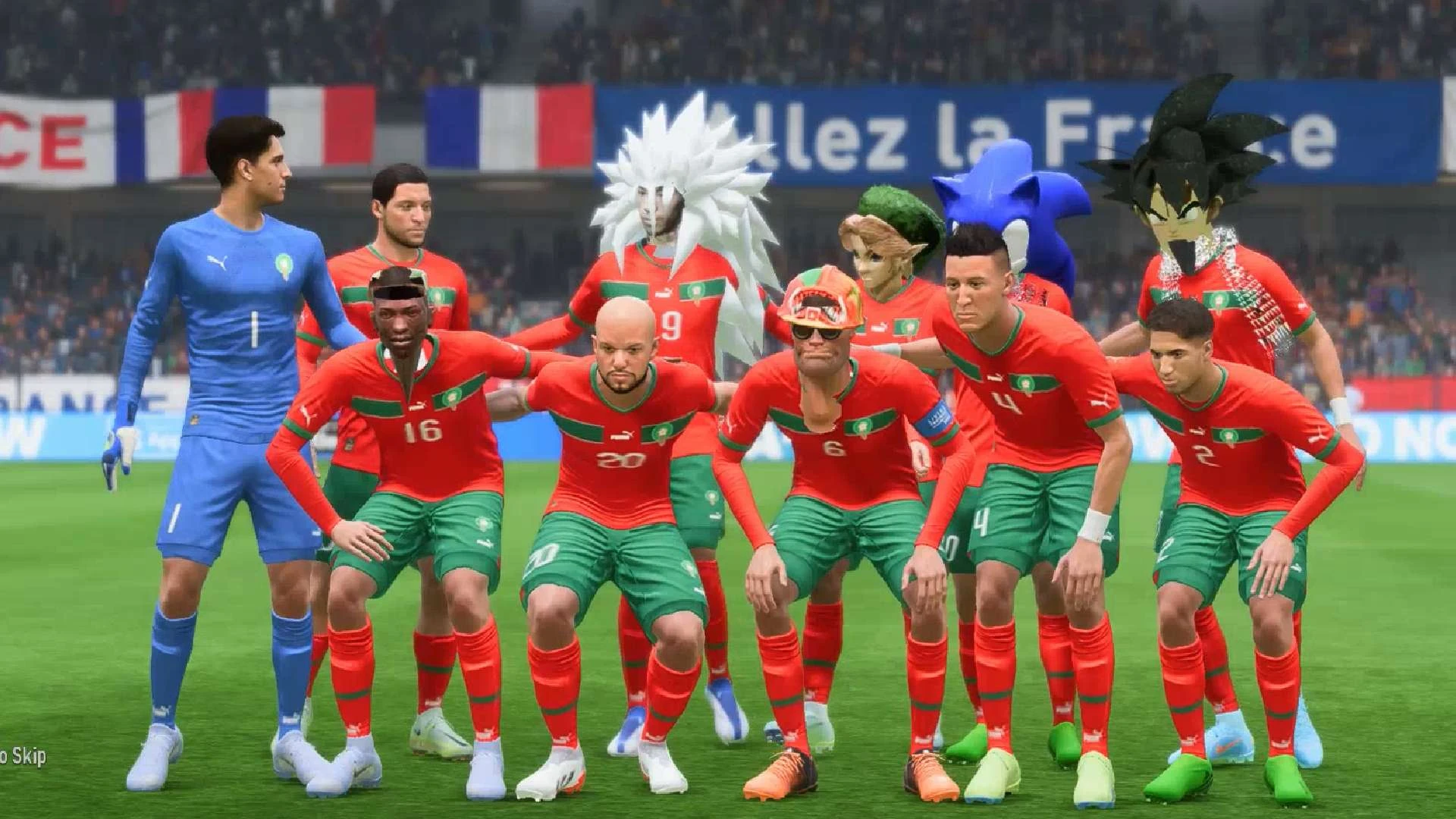 A FIFA 23 team including Goku, Sonic the Hedgehog, Link, a super saiyan version of the modder, CJ, and the Engineer from TF2.