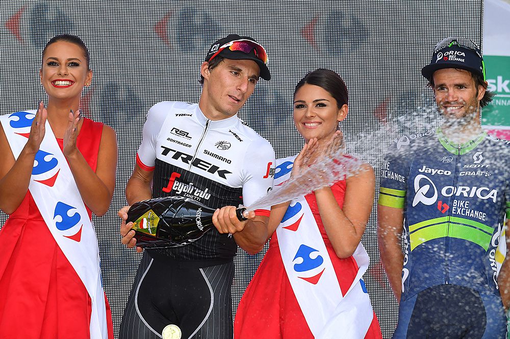 Niccolo Bonifazio (Trek-Segafredo) celebrates his stage 3 win on the podium