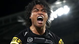 Brian To'o of the Panthers celebrates after scoring a try ahead of the Panthers vs Broncos NRL Grand Final 2023.