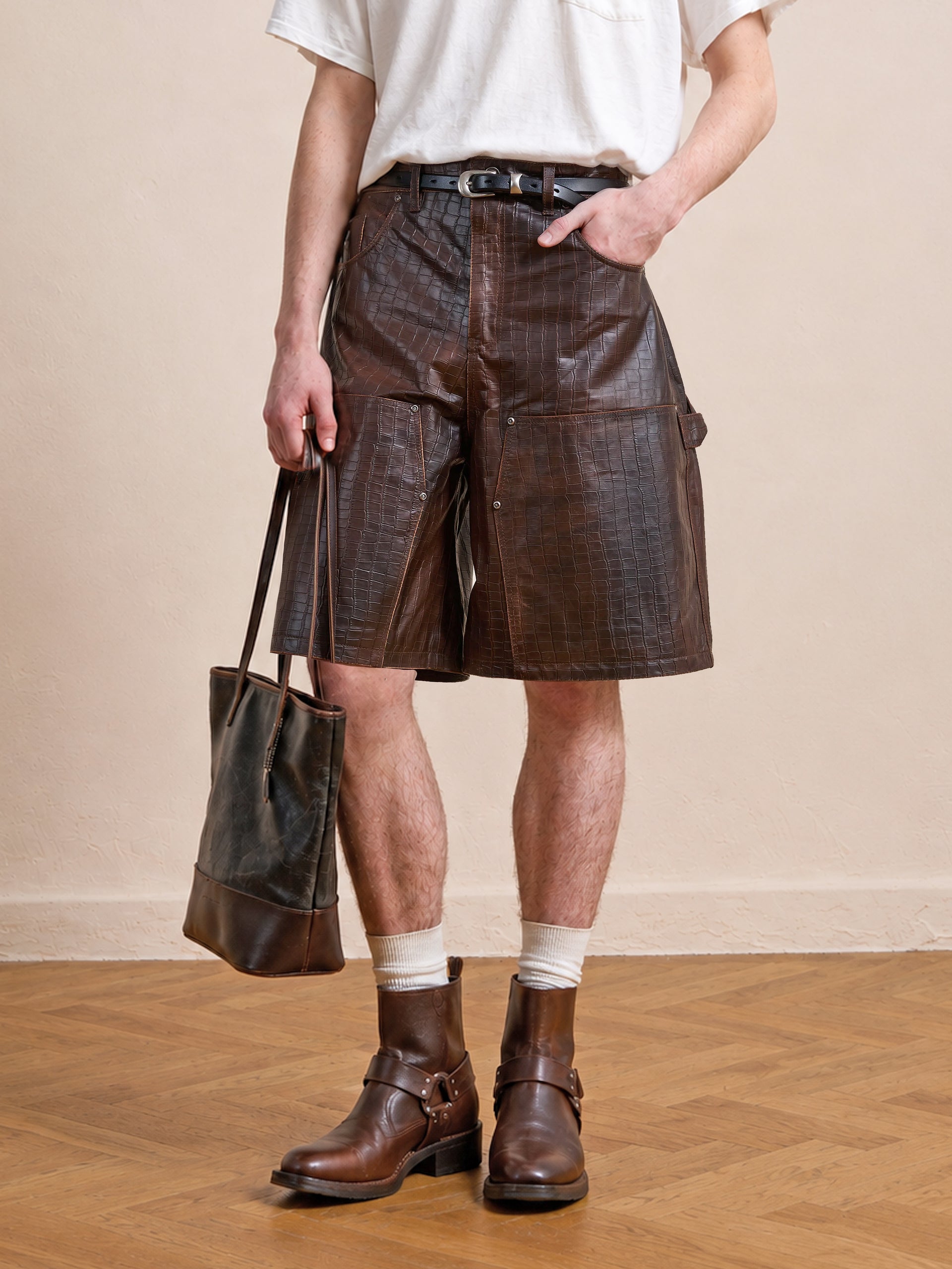Distressed Croc Embossed Leather Shorts - 28