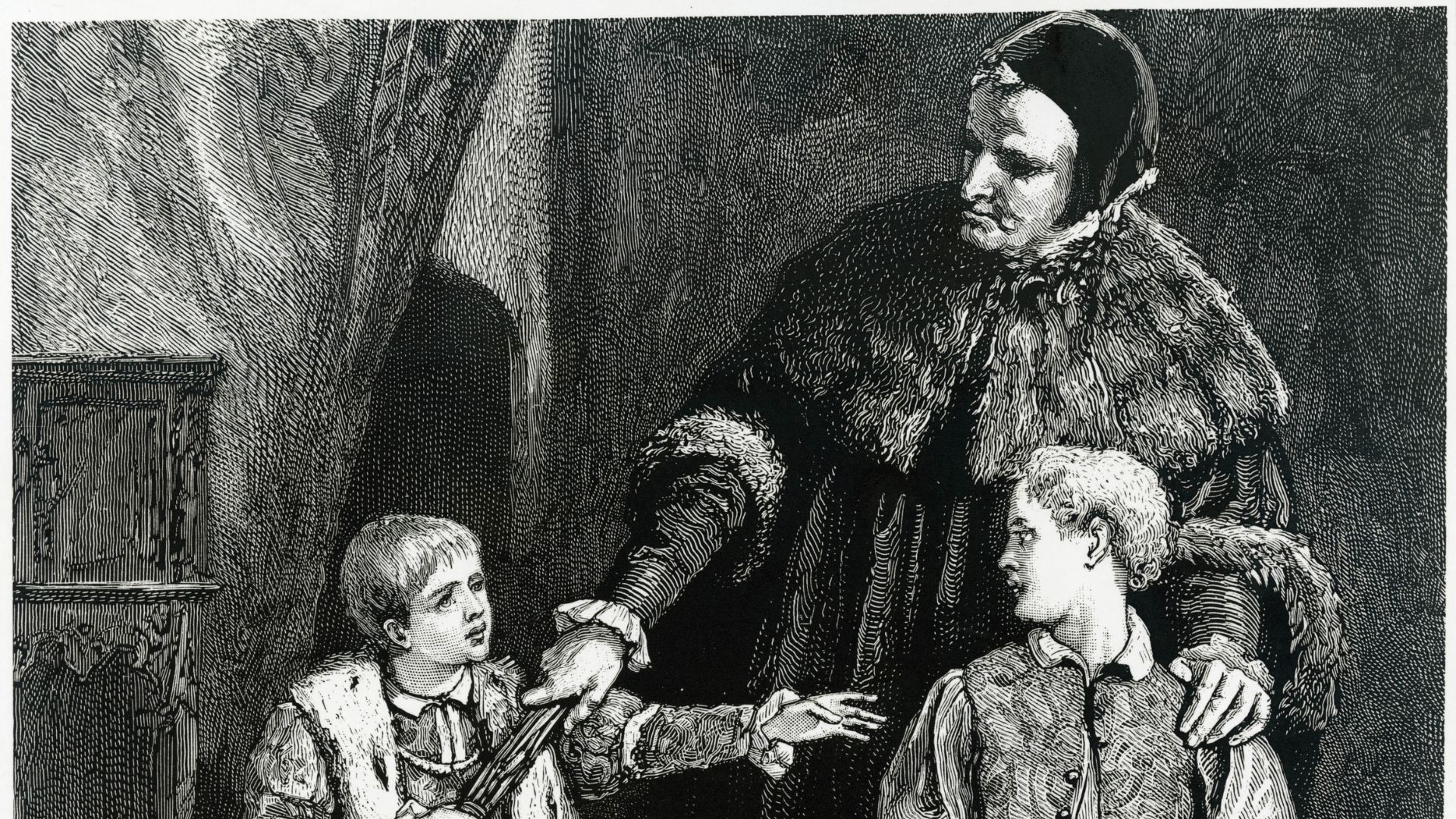 A drawing of a tudor man disciplining two children