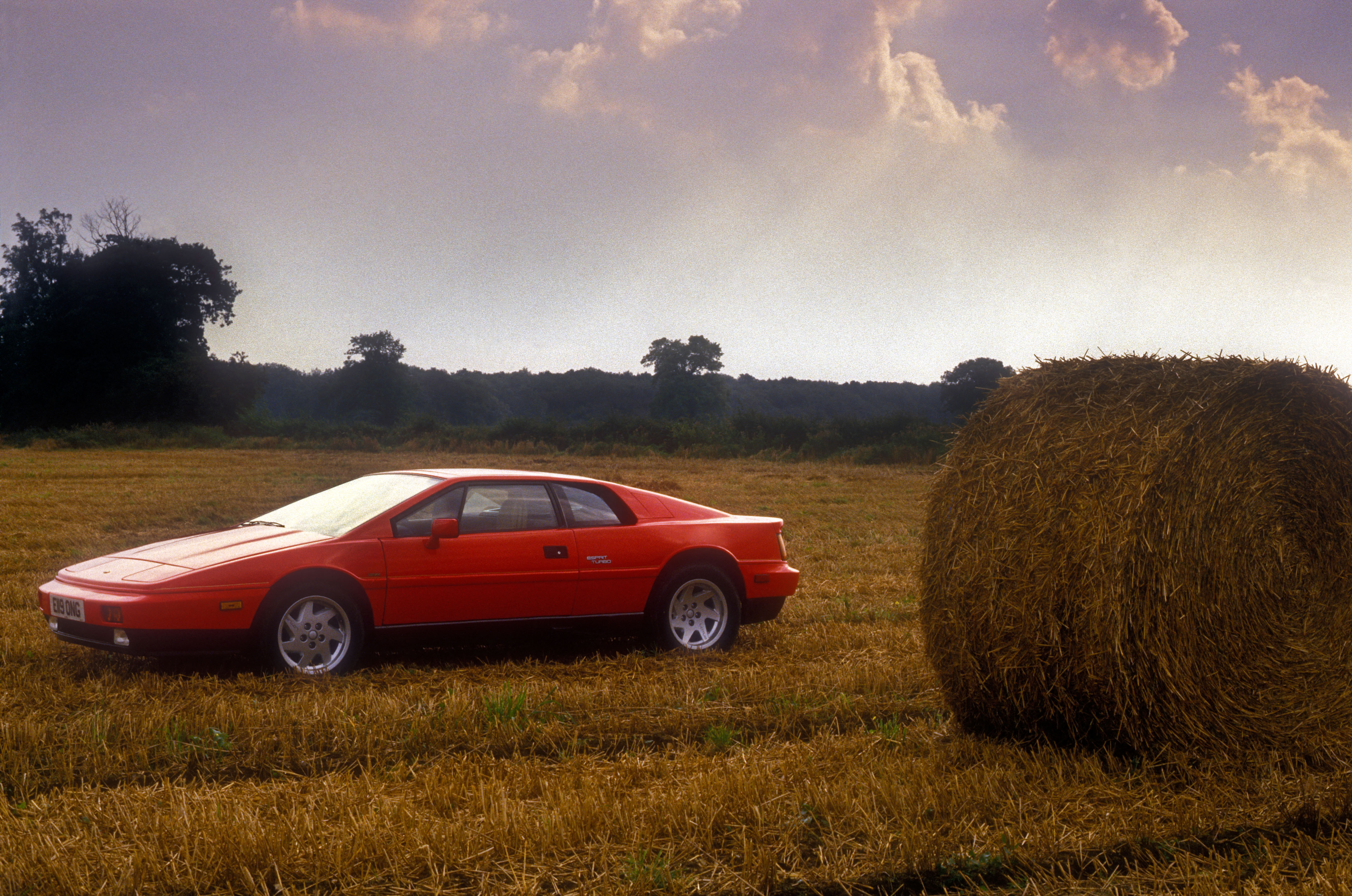 A red Lotus Esprit in a field, likely because it has broken down
