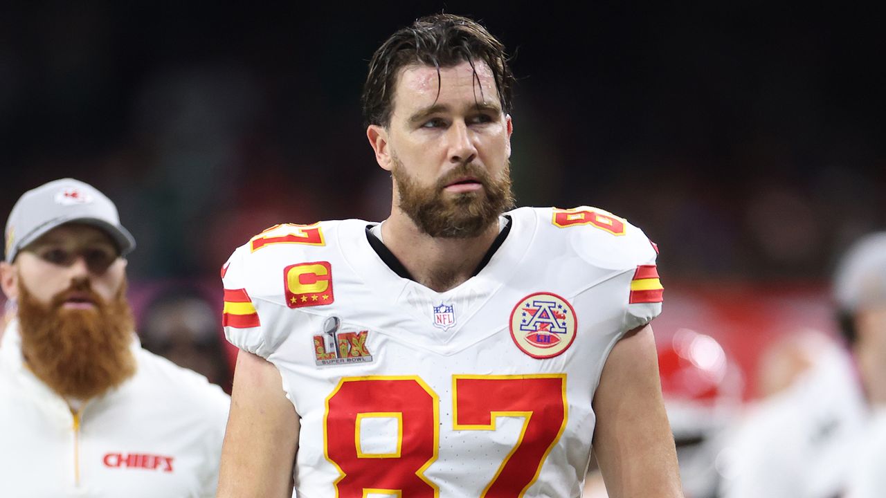 Travis Kelce leaving the field during halftime at the 2025 Super Cowl, which the Kansas City Chiefs ultimately lost to the Philadelphia Eagles.