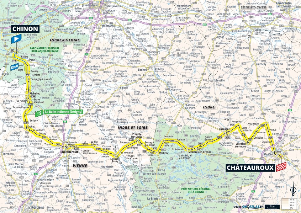 A map of stage 9 of the 2025 Tour de France from Chinon to Châteauroux.