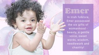 Purple background and baby with gold fairy wings to illustrate Irish baby names