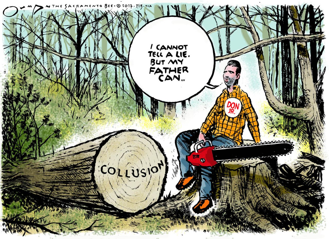 Political cartoon U.S. Trump Jr. Russian collusion lies