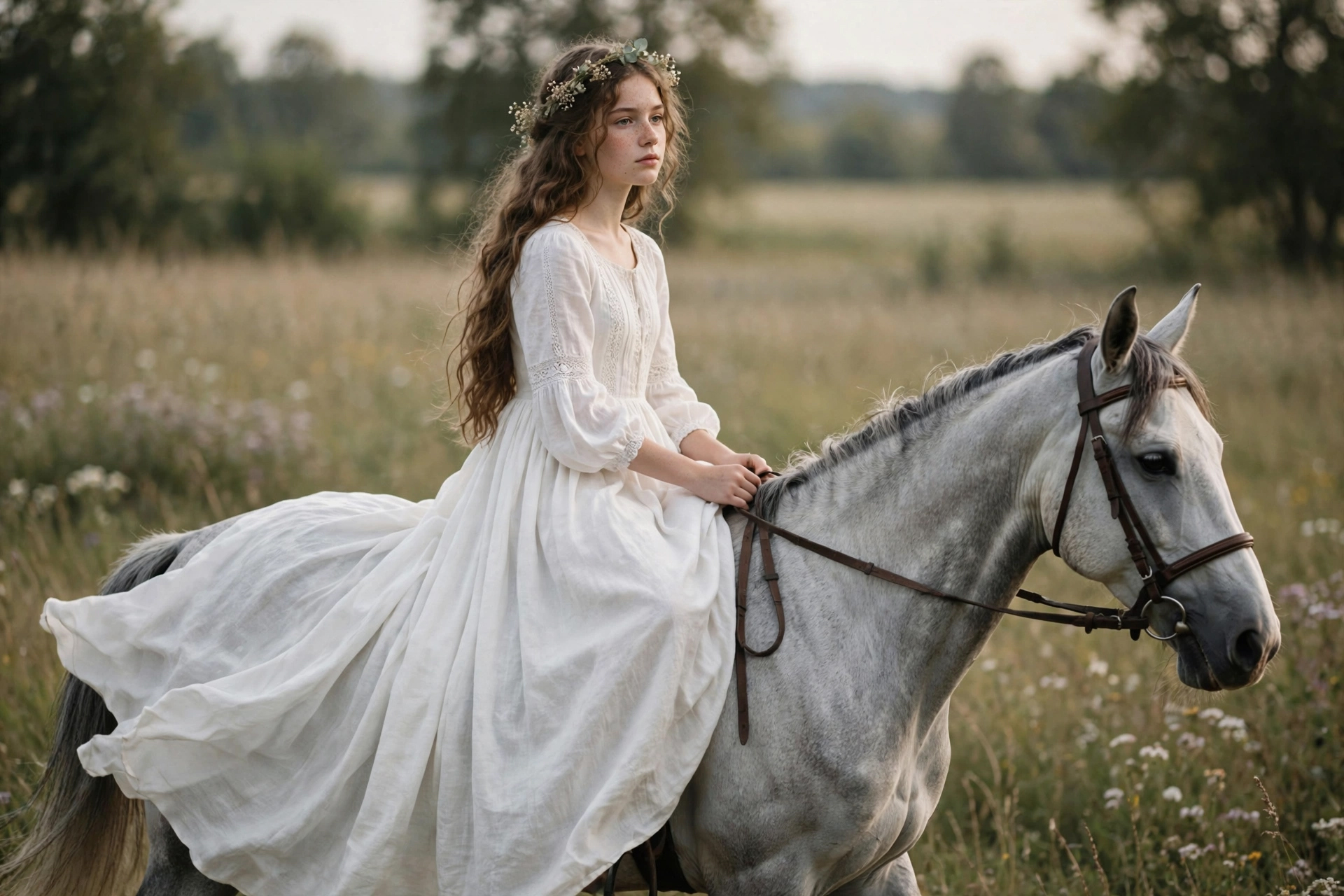 An AI-generated photo of a woman in a white dress on a horse