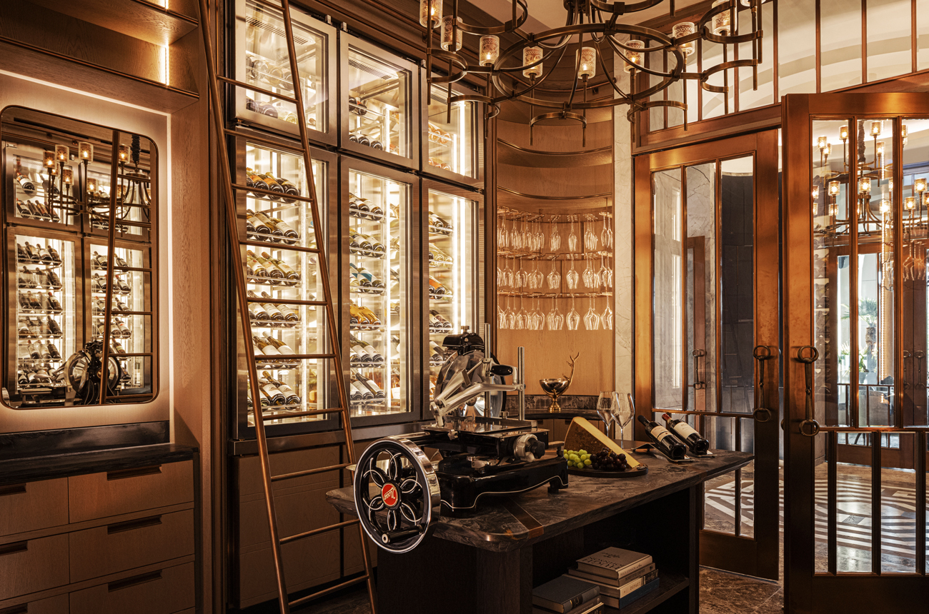 Wine cellar with display cabinets full of wine bottles
