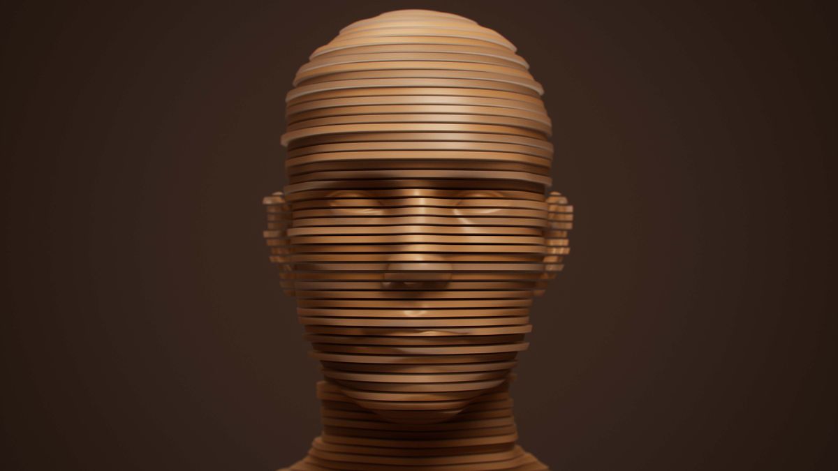 Virtual human head divided into horizontal layers in various skin tones.