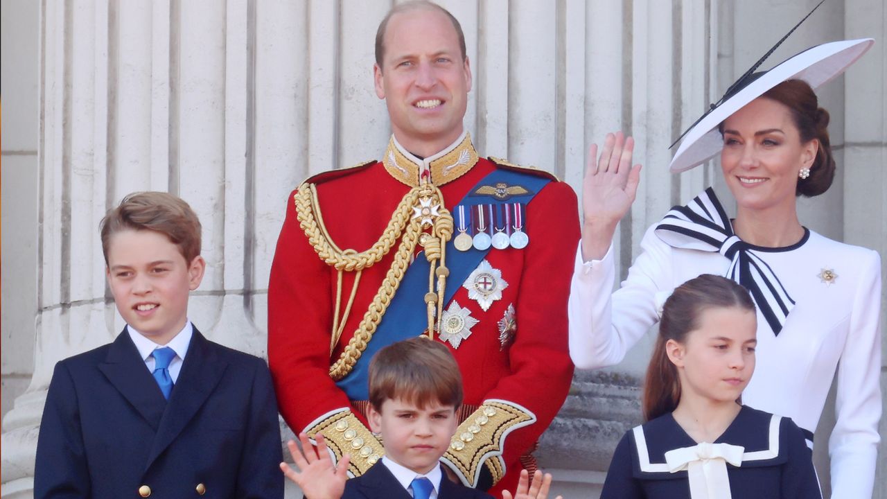 Prince George, Princess Charlotte, Prince Louis, Prince William and Kate Middleton waving on the balcony at Trooping the Colour 2024