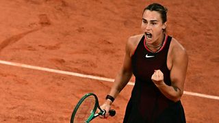 Aryna Sabalenka clenches her fist after winning a point at the French Open 2026