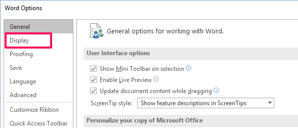 display and hide formatting marks word 2013