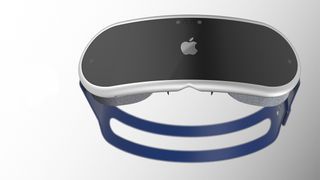 Apple VR headset; a VR headset that looks like ski goggles, in blue and black