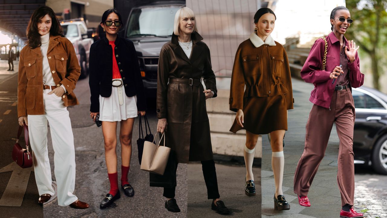 A graphic of five women wearing loafer outfits at Fashion Week